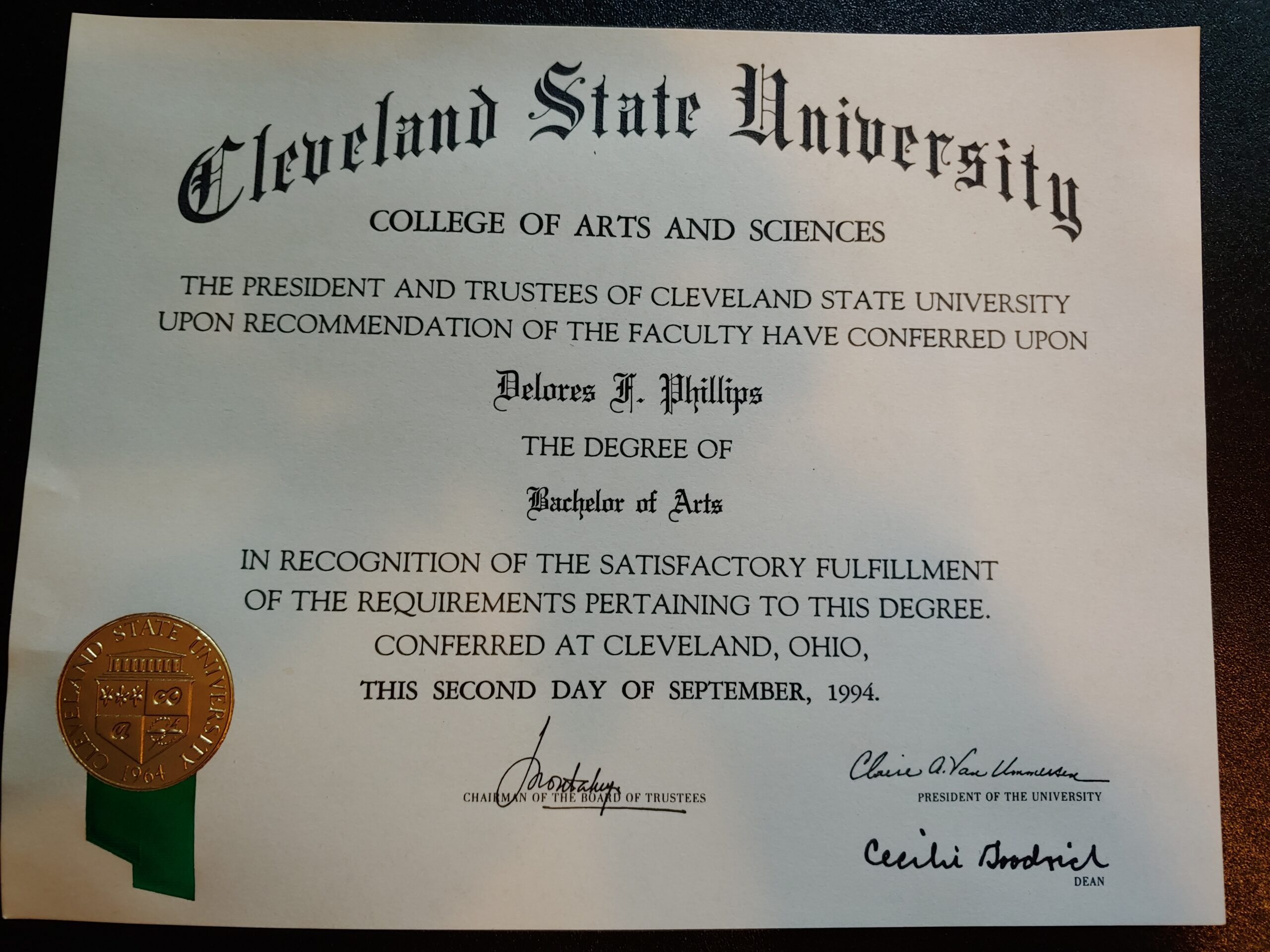 Delores’s degree certificate from Cleveland State University 