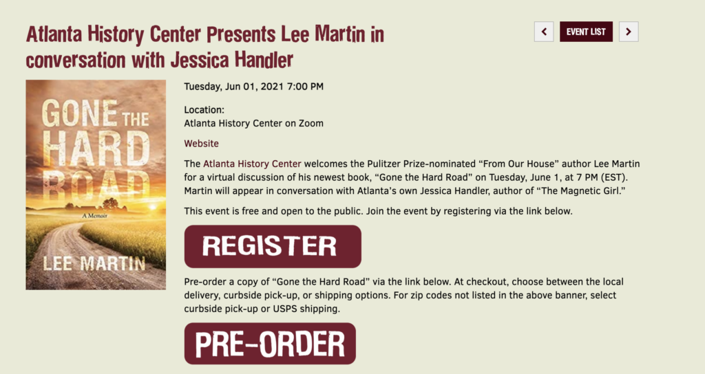 Atlanta History Center Presents Lee Martin in conversation with Jessica Handler