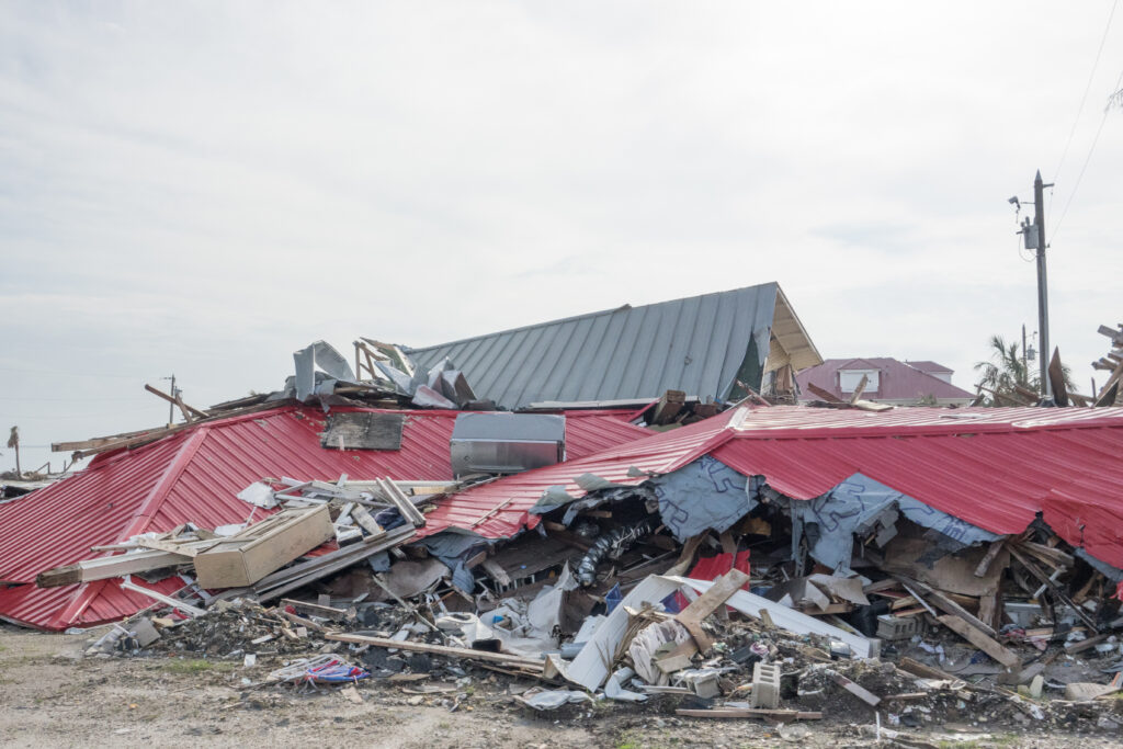 Collapsed Building with Red Roof on Gulf Coast in the Aftermath of Hurricane Michael
