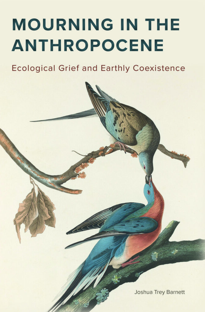 Book Cover for Mourning in teh Anthropocene Ecological Grief and Earthly Coexistence. It has an image of two blue birds, one feeding another on a twig. 