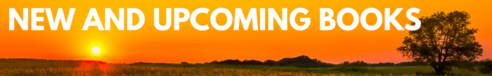 decorative header that says "new and upcoming books" in front of a decorative image of a sunset