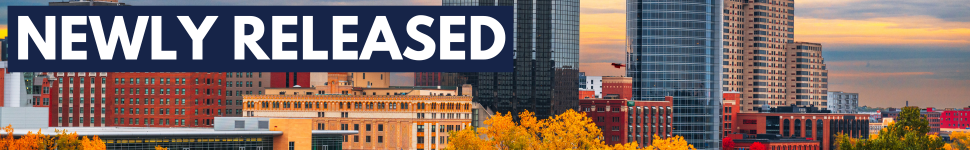 decorative banner with Grand Rapids skyscrapers and buildings with text that says "NEWLY RELEASED"