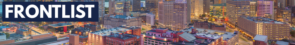 text: FRONTLIST image background: arial view of Detroit