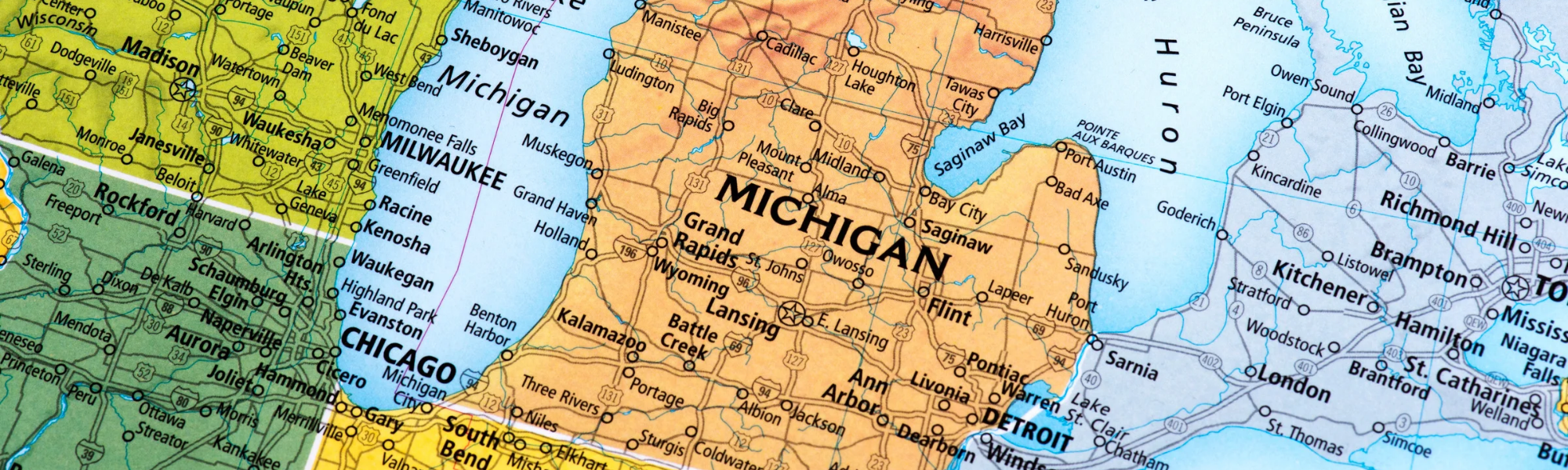 decorative header of map of US focused on Michigan