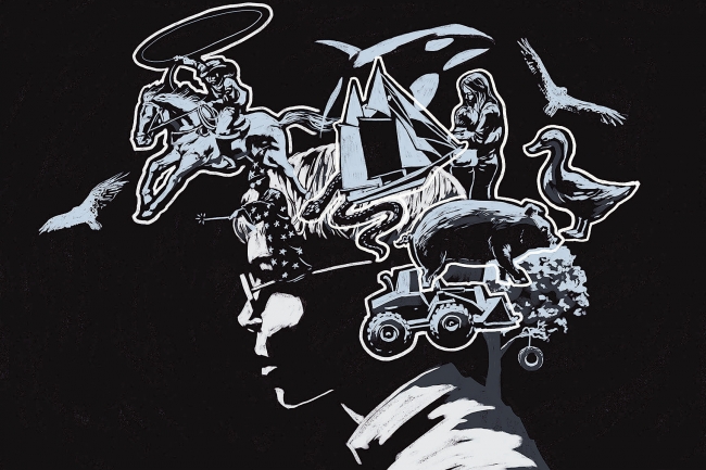 A white drawing of a young boy's side profile contrasted with a black background. Fantastical story elements circle around his head, such as cowboys, pirate ships, and wild animals.