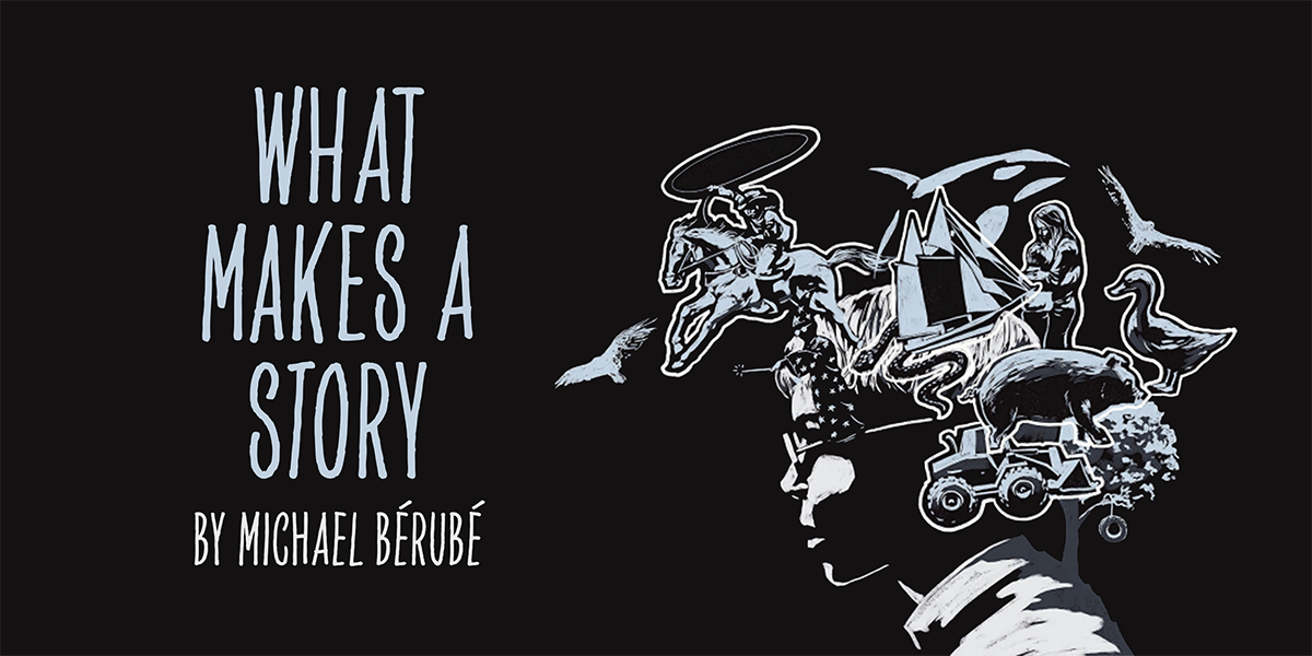 A white line drawing of a young boy's side profile contrasted with a black background. Fantastical story elements circle around his head, such as cowboys, pirate ships, and wild animals.