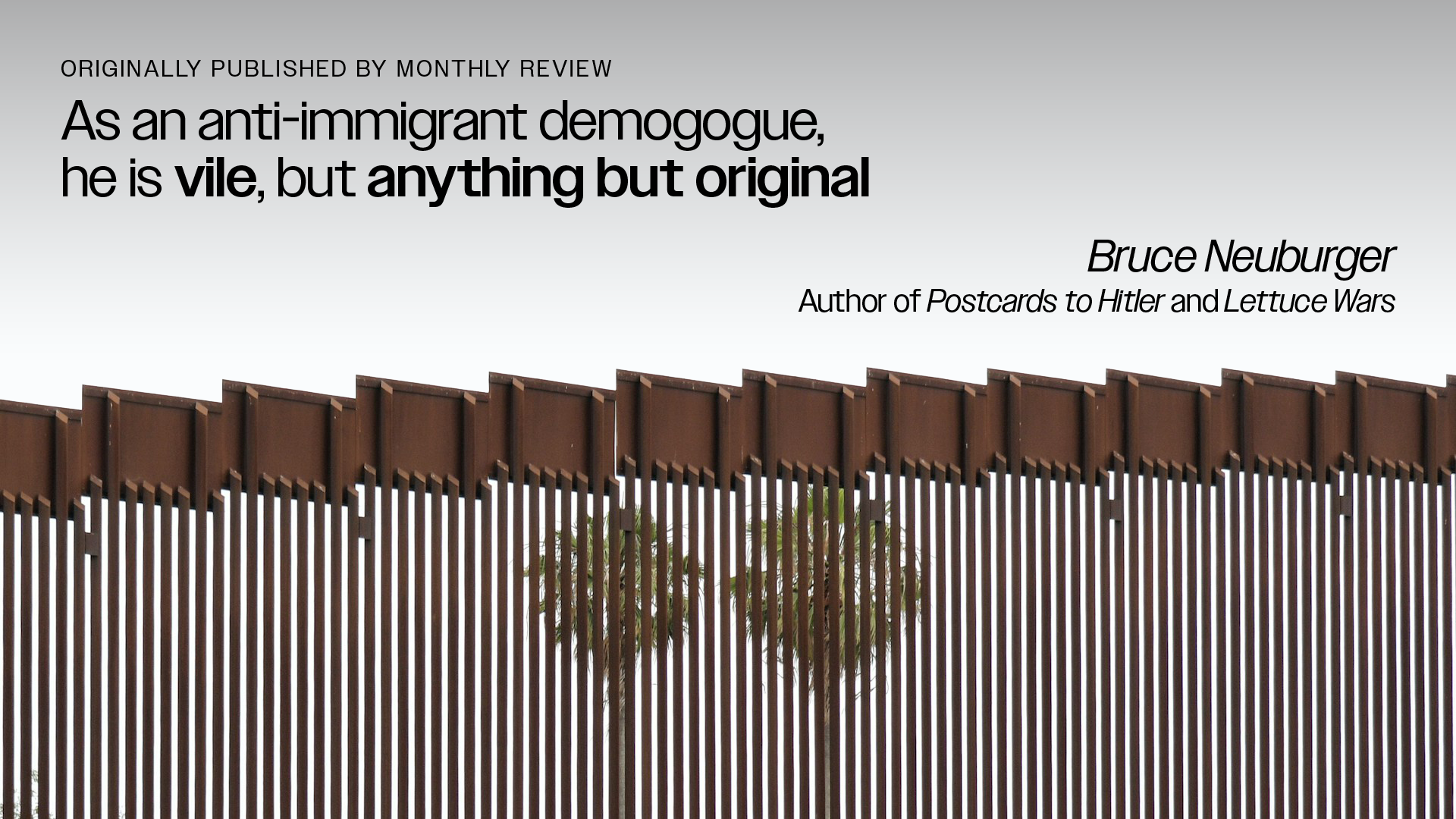 Black and white image of border wall with palm trees behind it.
