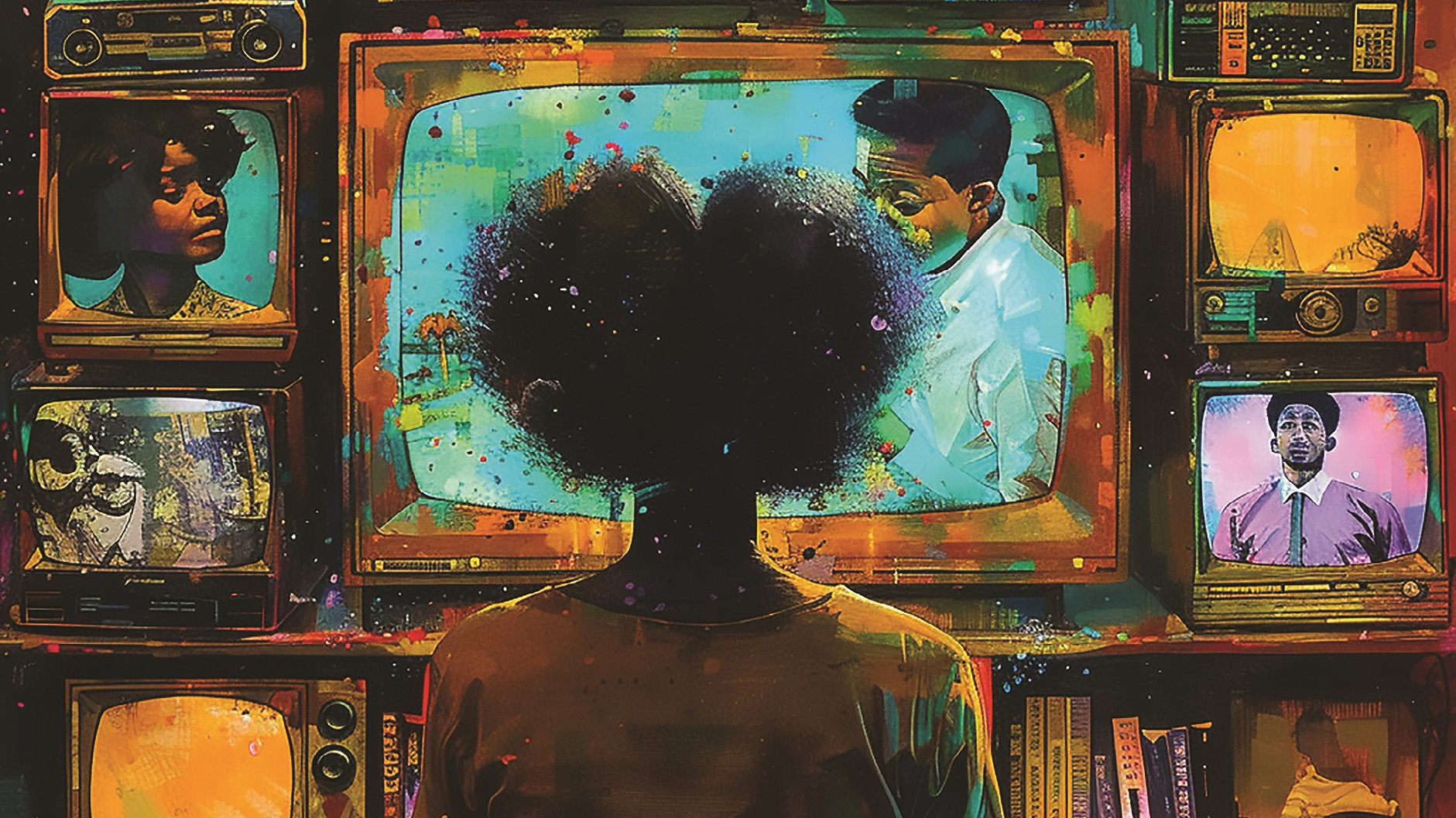 Illustration of a Black child watching television.