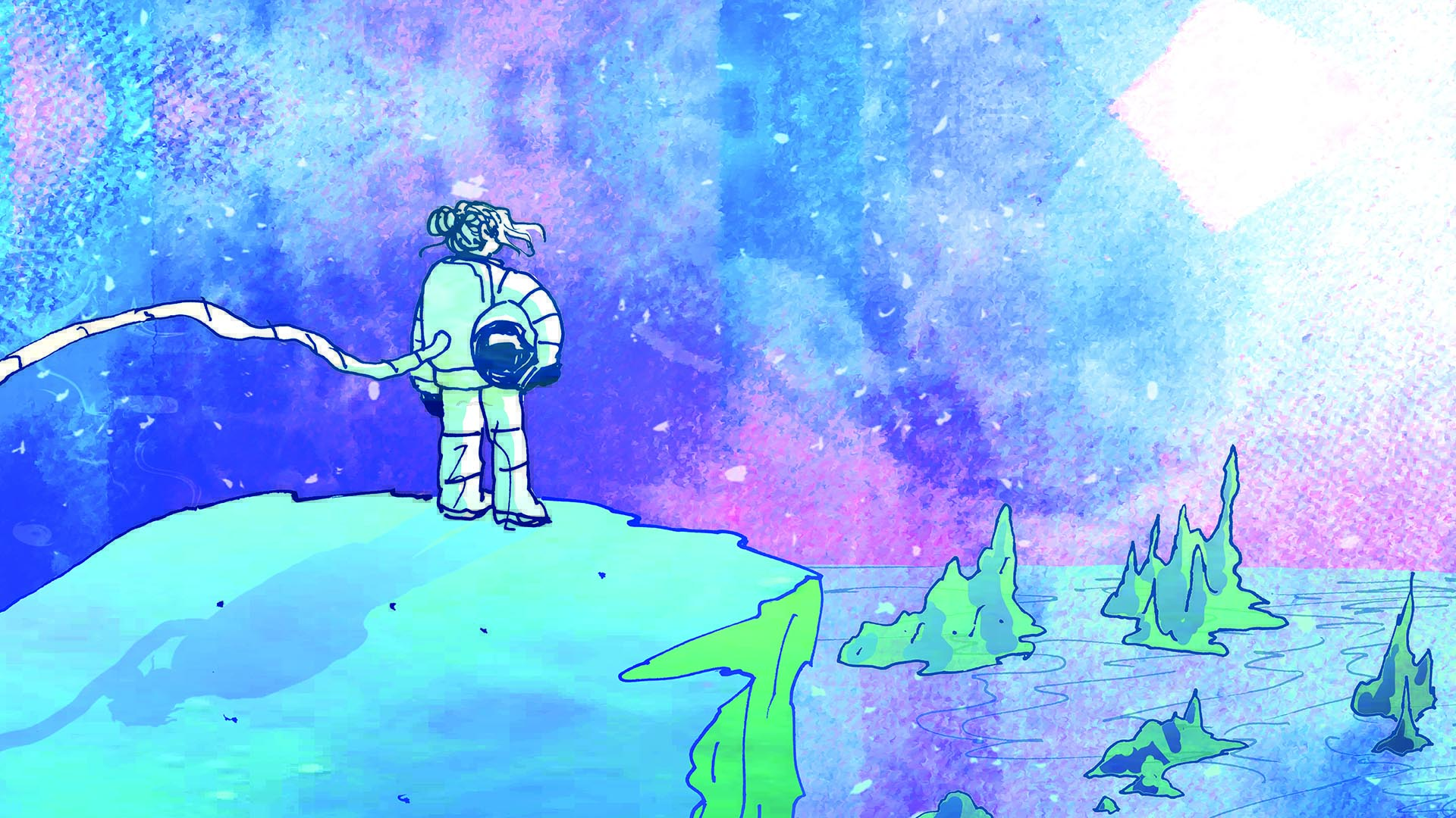 Astronaut looks over an alien planet.