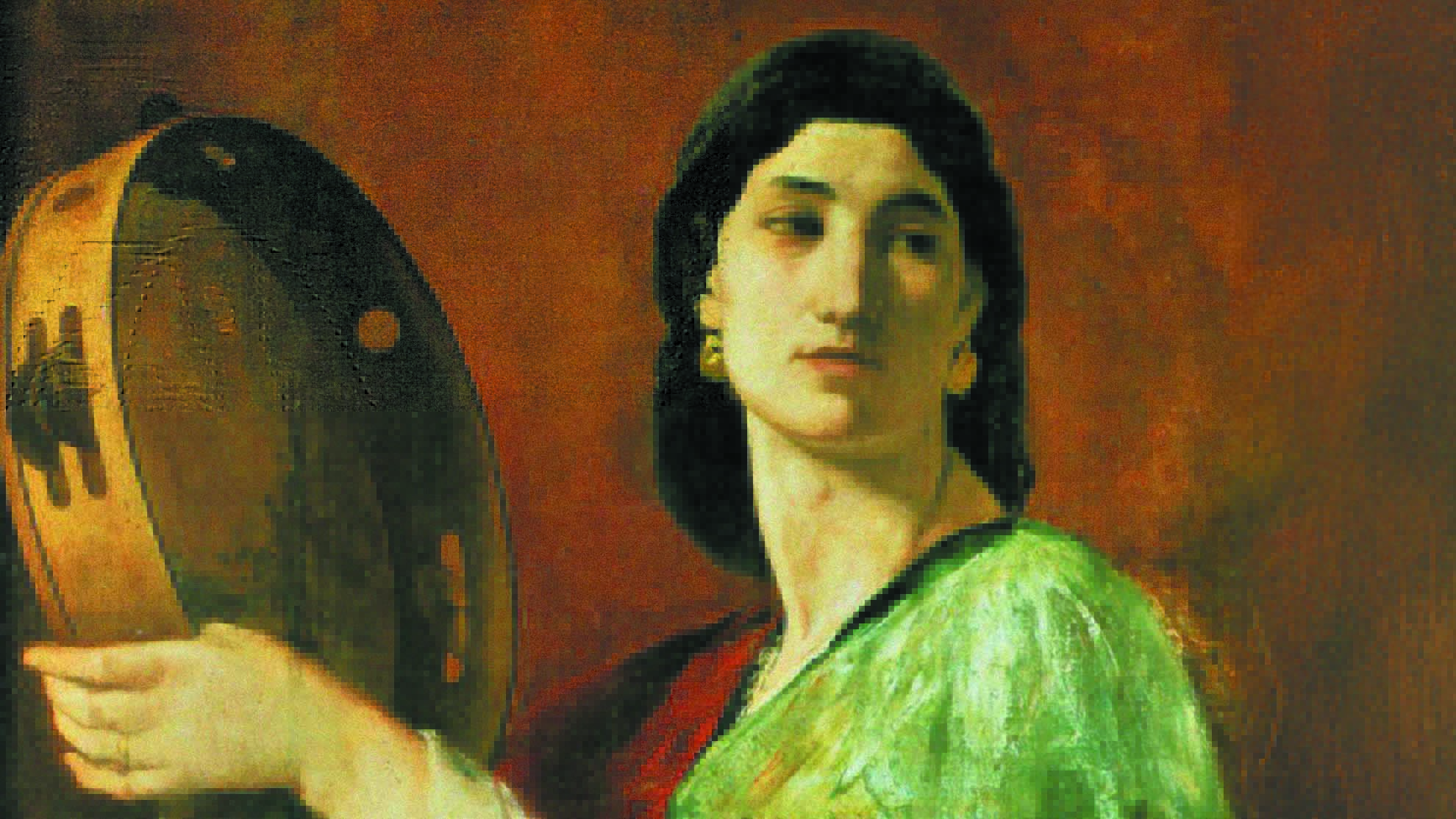 Painting of a woman playing a tamborine.