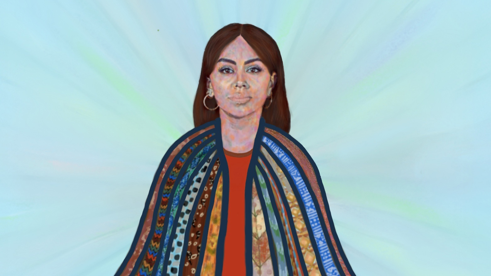 Painting of a woman in a multicolored, patterned cloak.