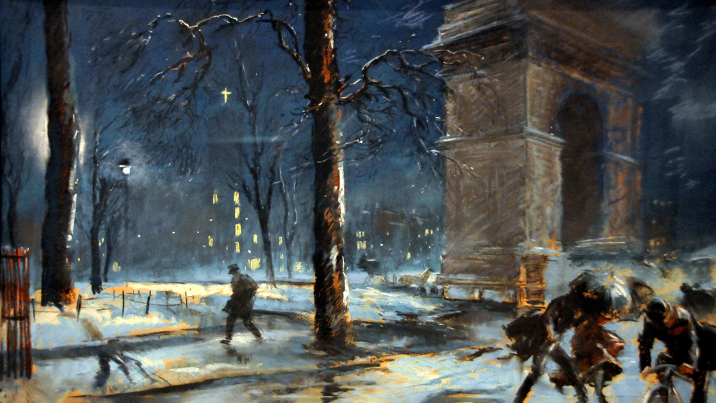 Painting of a blizzard in Washington Square Park, 1910.