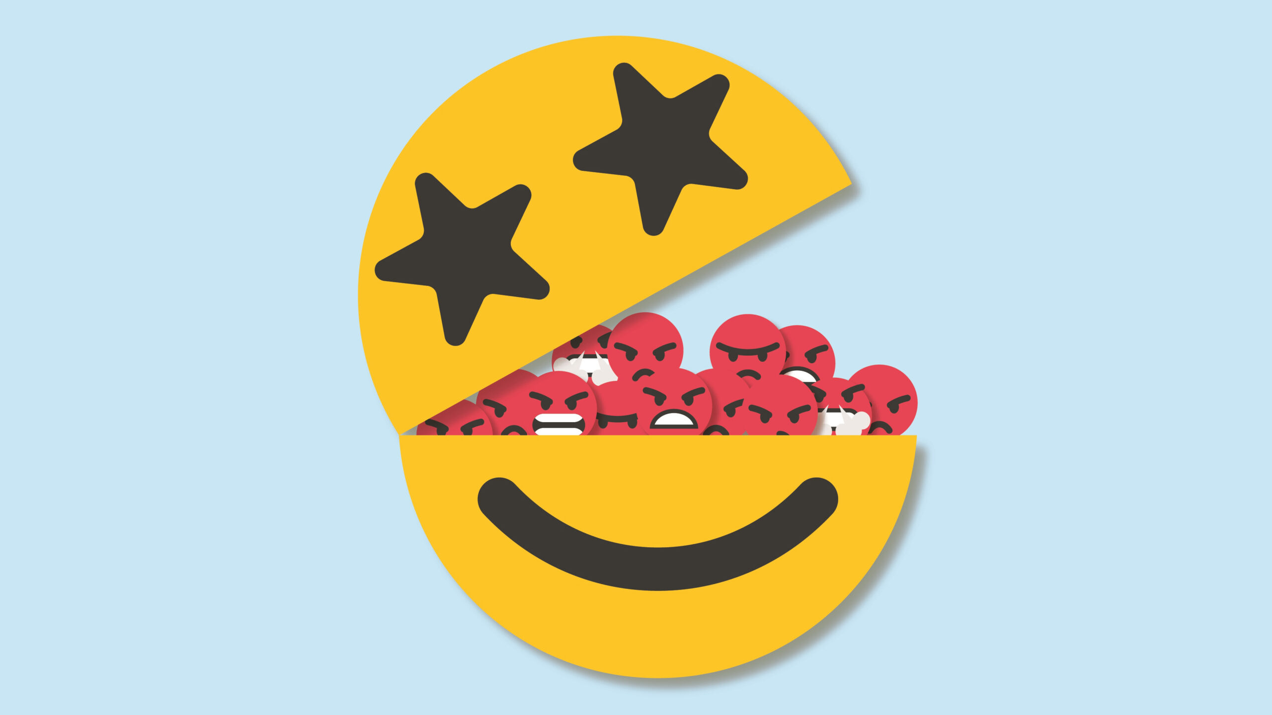 A yellow, star-eyed emoji opens. It is filled with red, angry emojis.