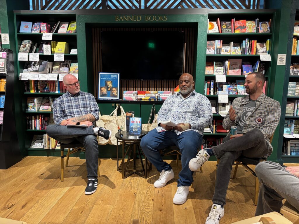 From right to left, Daniel Rivero, author of Just Freedom: Inside Florida's Decades-Long Voting Rights Battle, in conversation with Desmond Meade, activist and executive director of the Florida Rights Restoration Coalition, and Kevin Scott, director of guaranteed income at Community Spring, at an event at The Lynx Books in Gainesville.