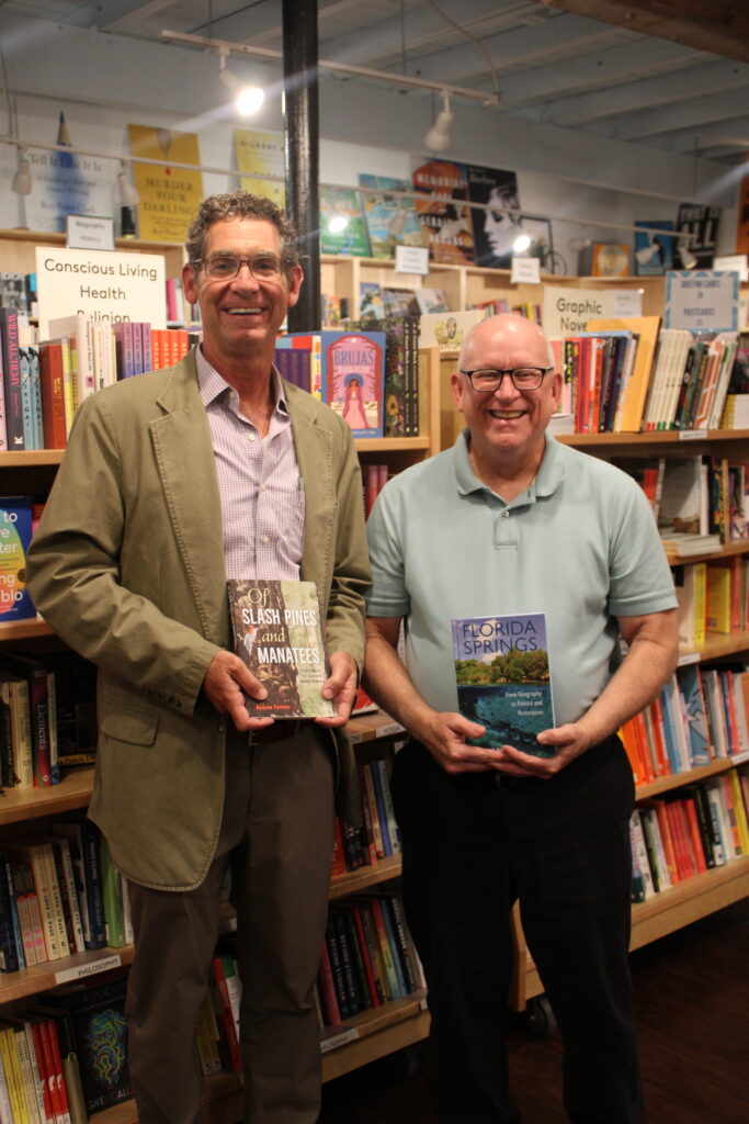 On the left, Andrew Furman, author of Of Slash Pines and Manatees: A Highly Selective Guide to My Suburban Wilderness, and on the right, Christopher F. Meindl, author of Florida Springs: From Geography to Politics and Restoration, at an event at Tombolo Books in St. Petersburg.