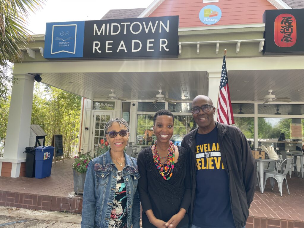 Dalia Colón, author of The Florida Vegetarian Cookbook, with Linda Wheatt and Fred Wheatt in front of Midtown Reader during the 2025 Word of South Festival in Tallahassee.