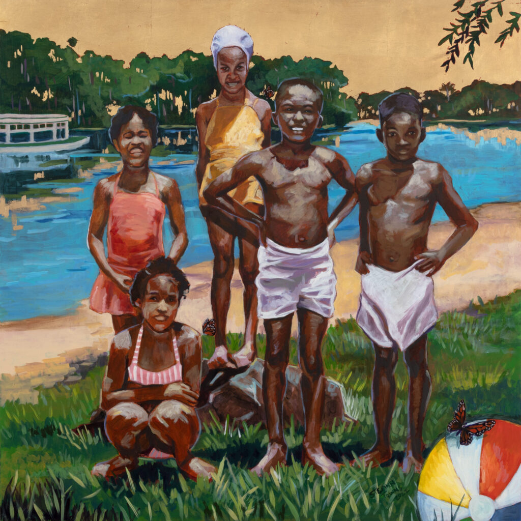 Painting: Five Black children pose together on the beach.