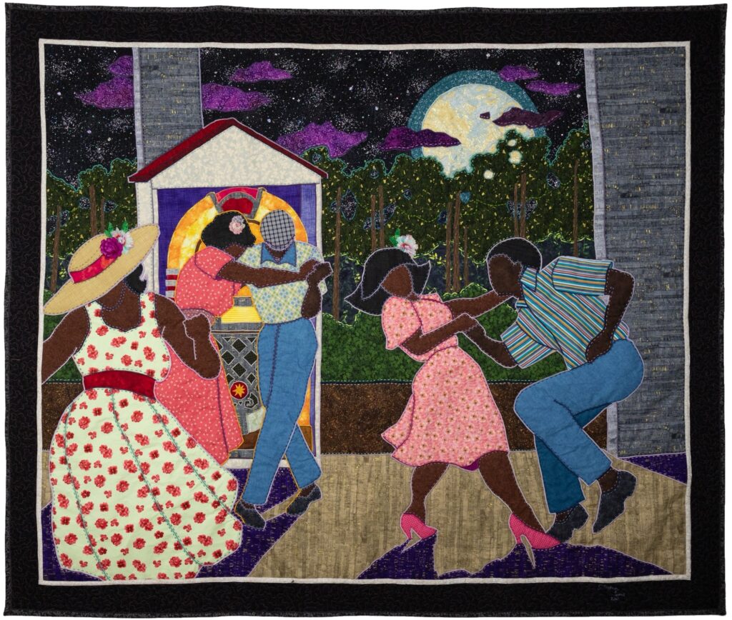 Quilt: Young Black couples dance together in front of a jukebox at night.