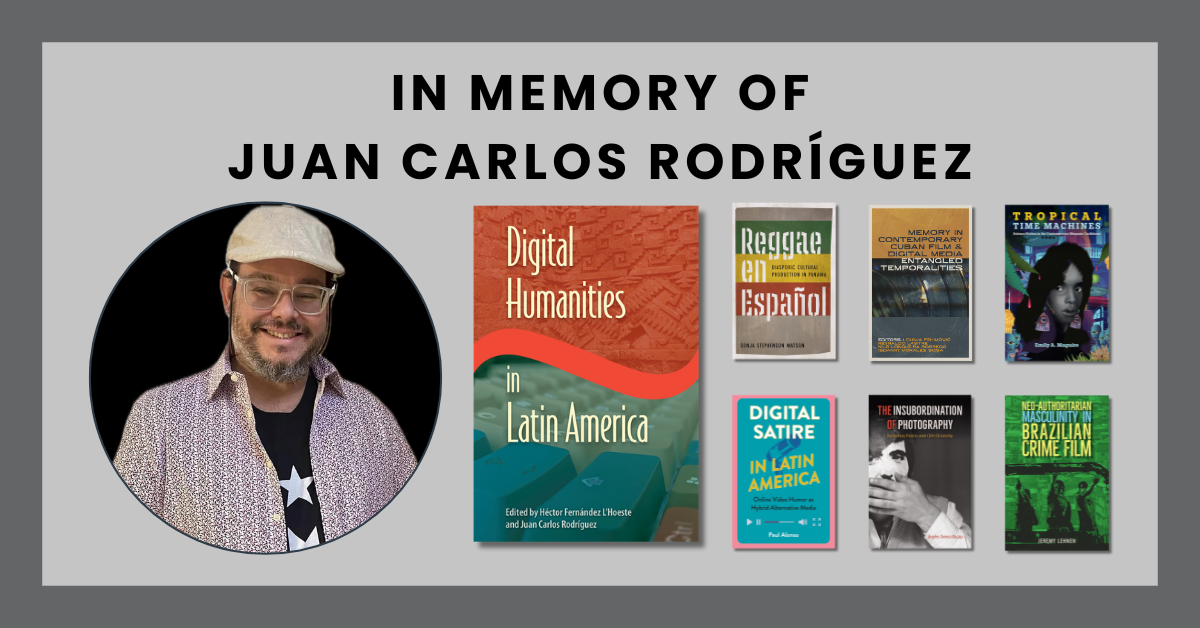 A graphic that features a photo of Juan Carlos Rodríguez, as well as book covers for the books he edited.