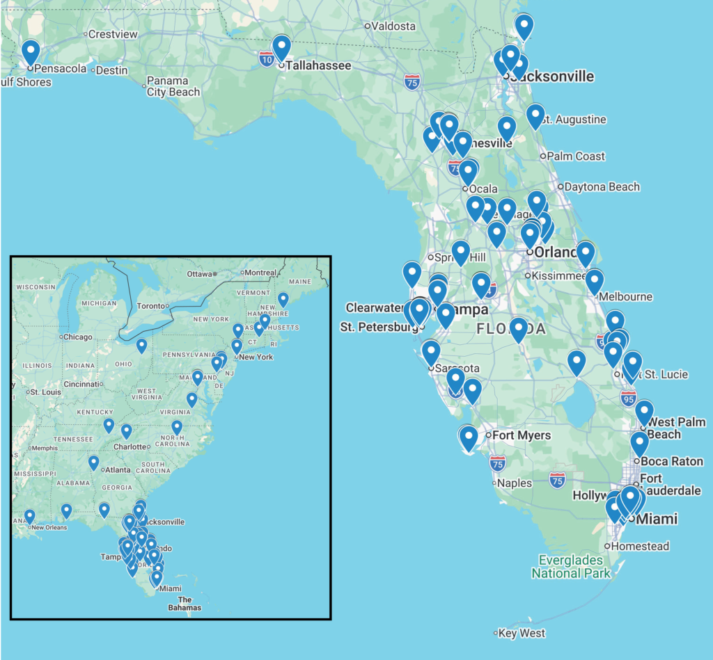 Map of author events in Florida and along the US East Coast.