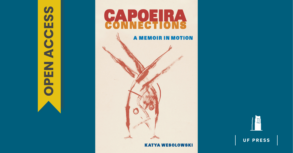 A blue graphic with the book cover of "Capoeria Connections" by Katya Wesolowski,